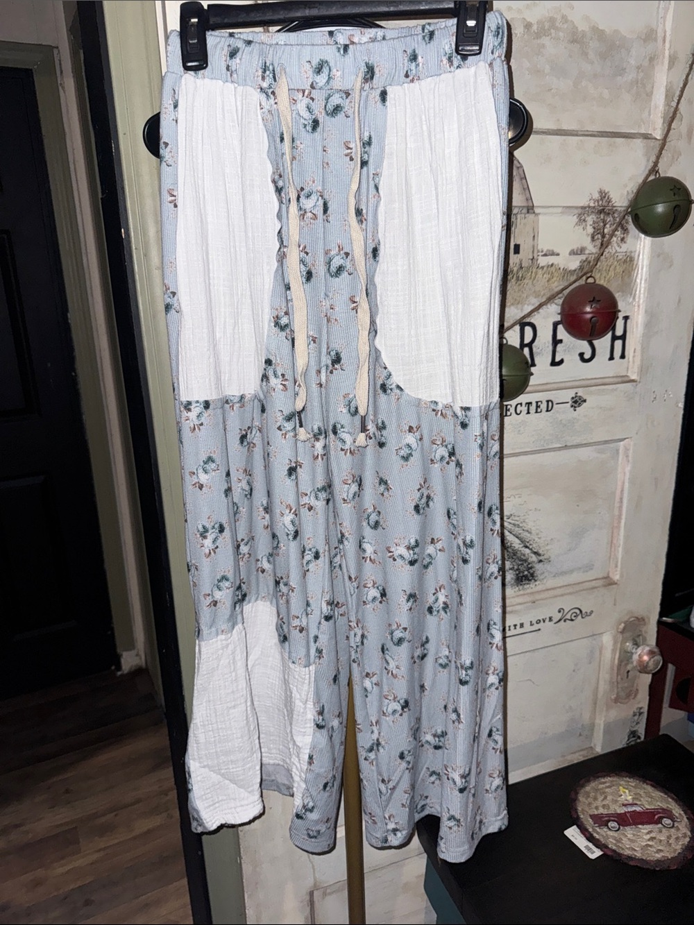 POL Blue Floral Wide-Leg Pants with White Patch Details